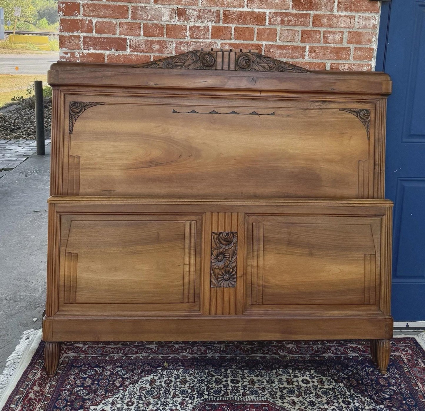 French Antique Art Deco Walnut Full Size Bed | Carved Headboard | Rails & Slats | 1920s–1930s