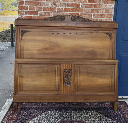 French Antique Art Deco Walnut Full Size Bed | Carved Headboard | Rails & Slats | 1920s–1930s