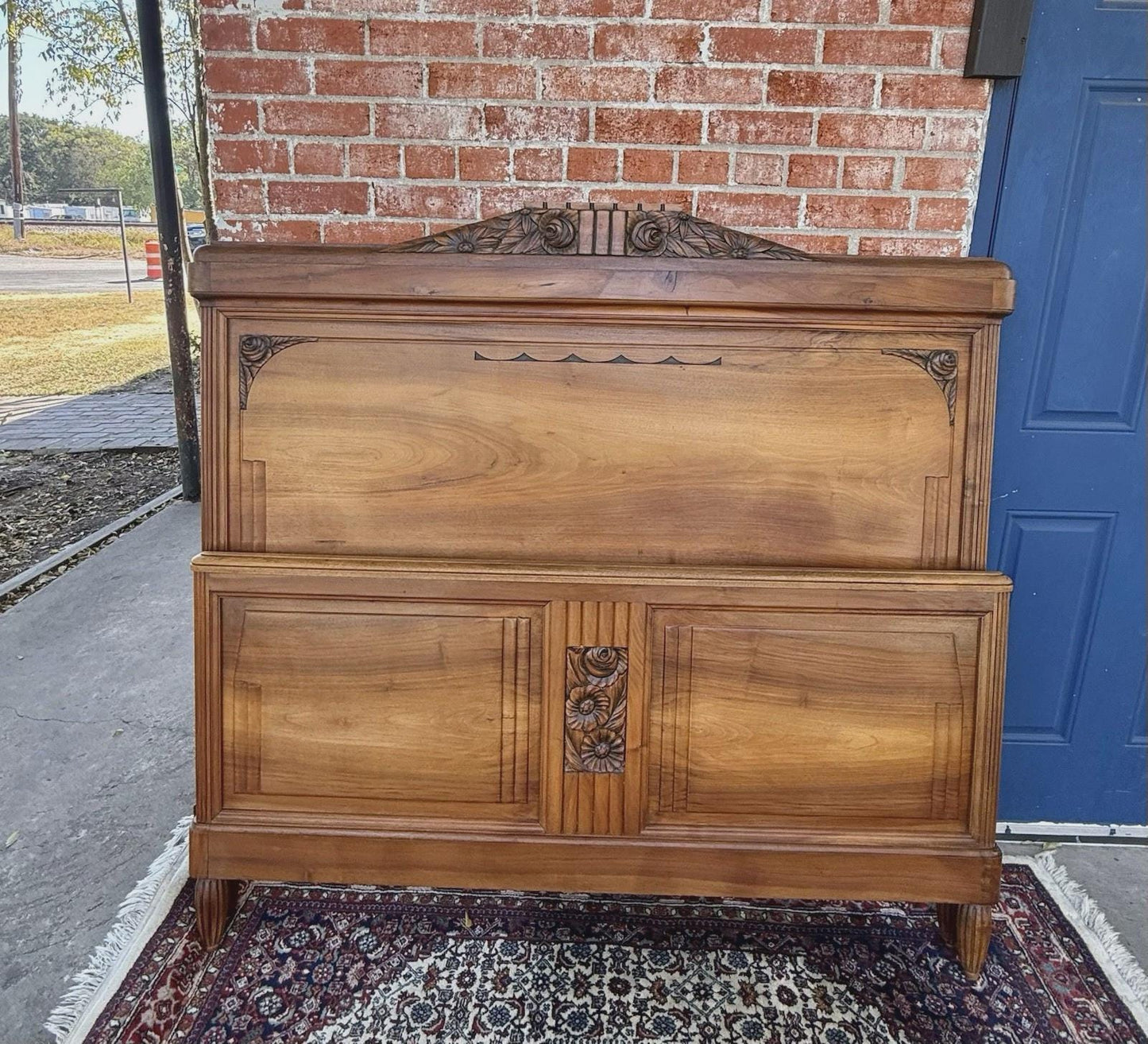 French Antique Art Deco Walnut Full Size Bed | Carved Headboard | Rails & Slats | 1920s–1930s