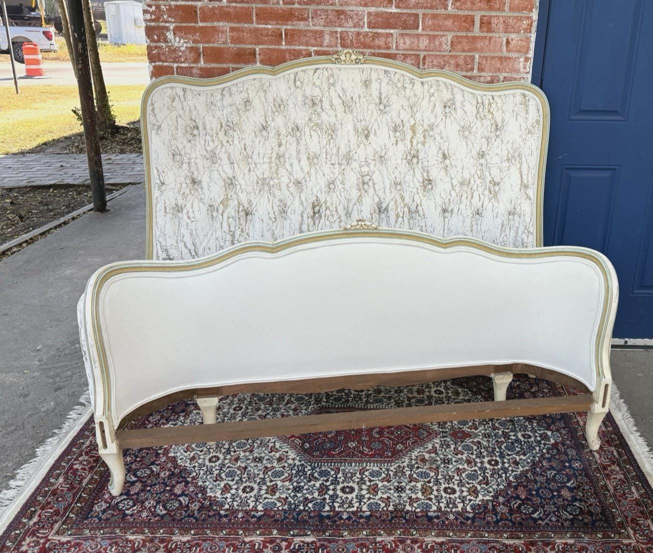 French Louis XV Full Size Bed | Painted Frame with New Tufted Upholstery | Rococo Style Vintage Bed