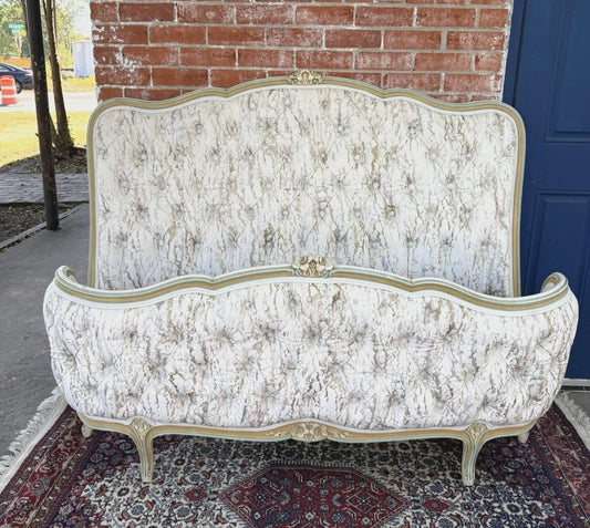 French Louis XV Full Size Bed | Painted Frame with New Tufted Upholstery | Rococo Style Vintage Bed