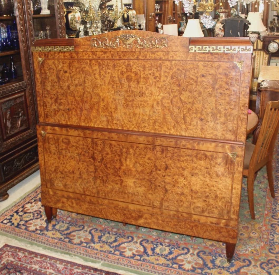 French Antique Louis XVI Burled Walnut Full Size Bed | Rails & Slats | Neoclassical Style