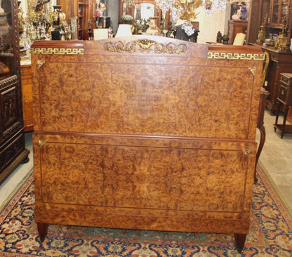 French Antique Louis XVI Burled Walnut Full Size Bed | Rails & Slats | Neoclassical Style