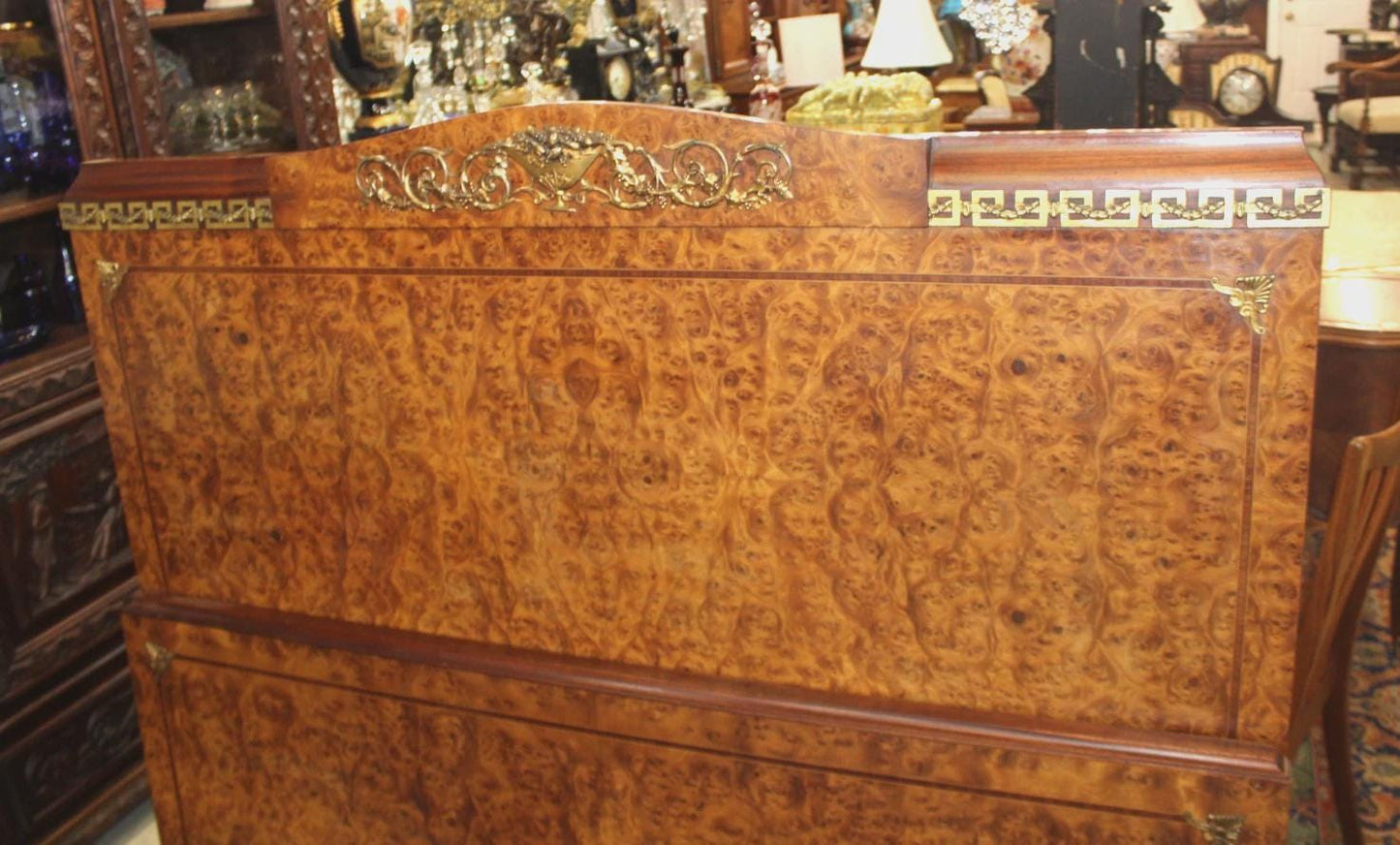 French Antique Louis XVI Burled Walnut Full Size Bed | Rails & Slats | Neoclassical Style