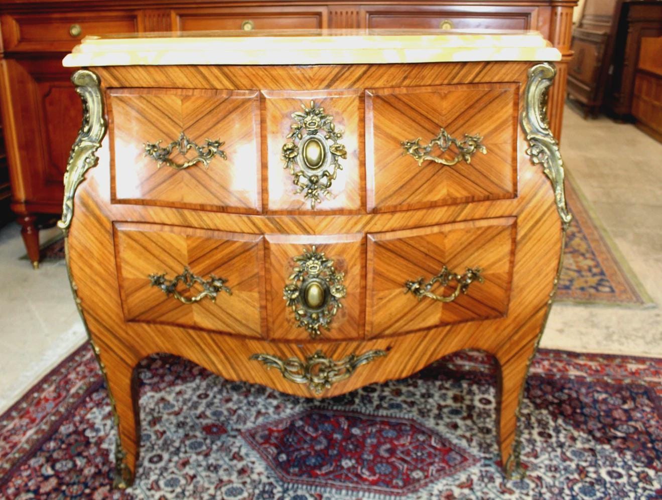 French Antique Louis XV Inlaid Chest of Drawers | Onyx Marble Top Small Dresser Commode