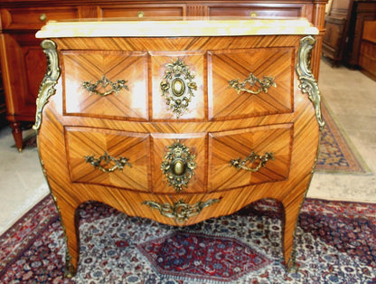 French Antique Louis XV Inlaid Chest of Drawers | Onyx Marble Top Small Dresser Commode
