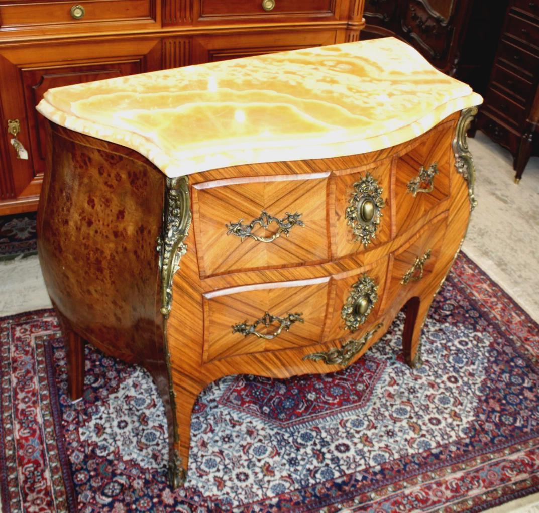 French Antique Louis XV Inlaid Chest of Drawers | Onyx Marble Top Small Dresser Commode