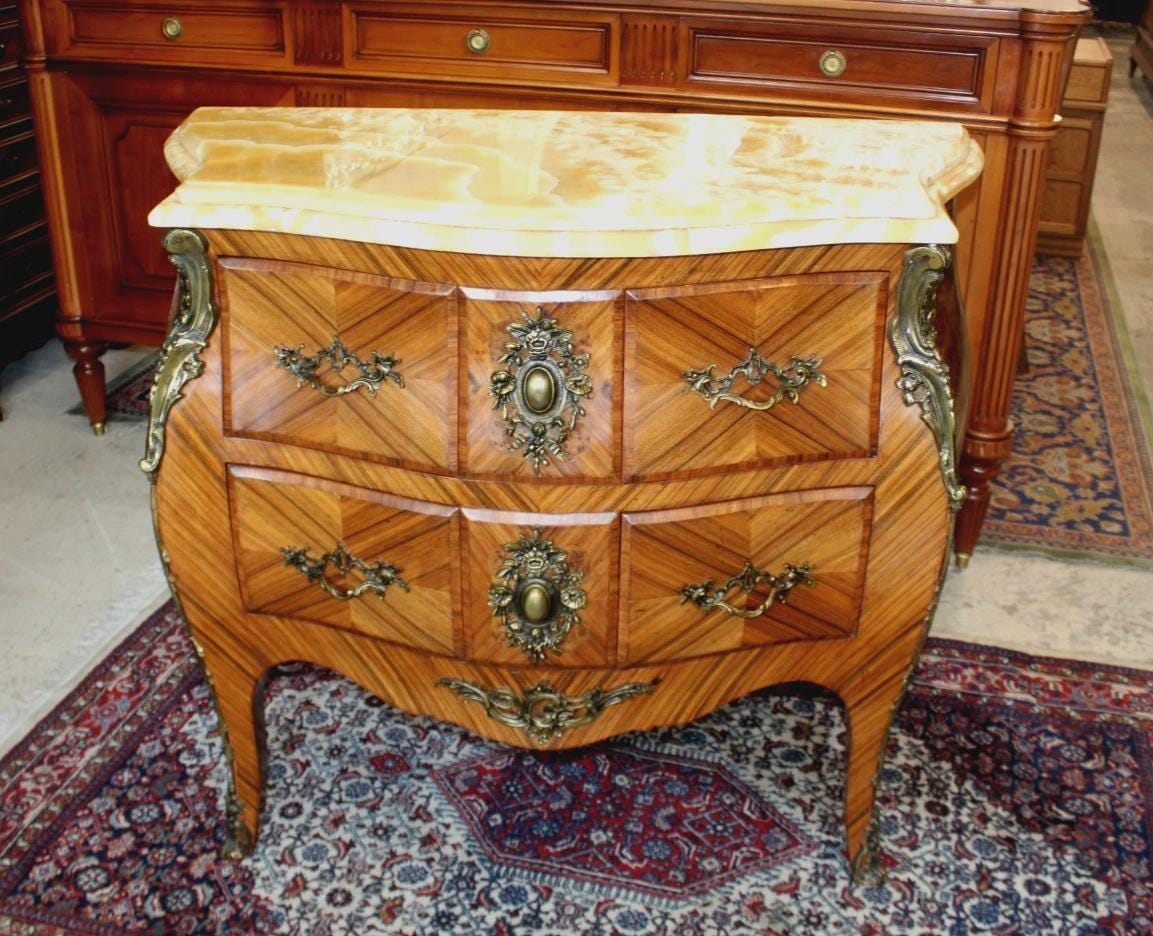 French Antique Louis XV Inlaid Chest of Drawers | Onyx Marble Top Small Dresser Commode