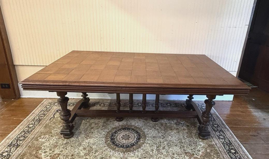 French Antique Oak Renaissance Parquetry Top Dining Table | c.1880