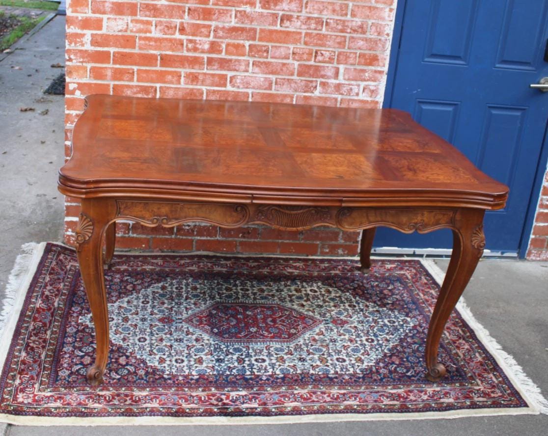 French Antique Louis XV Burled Walnut Dining Table | Carved Floral Apron