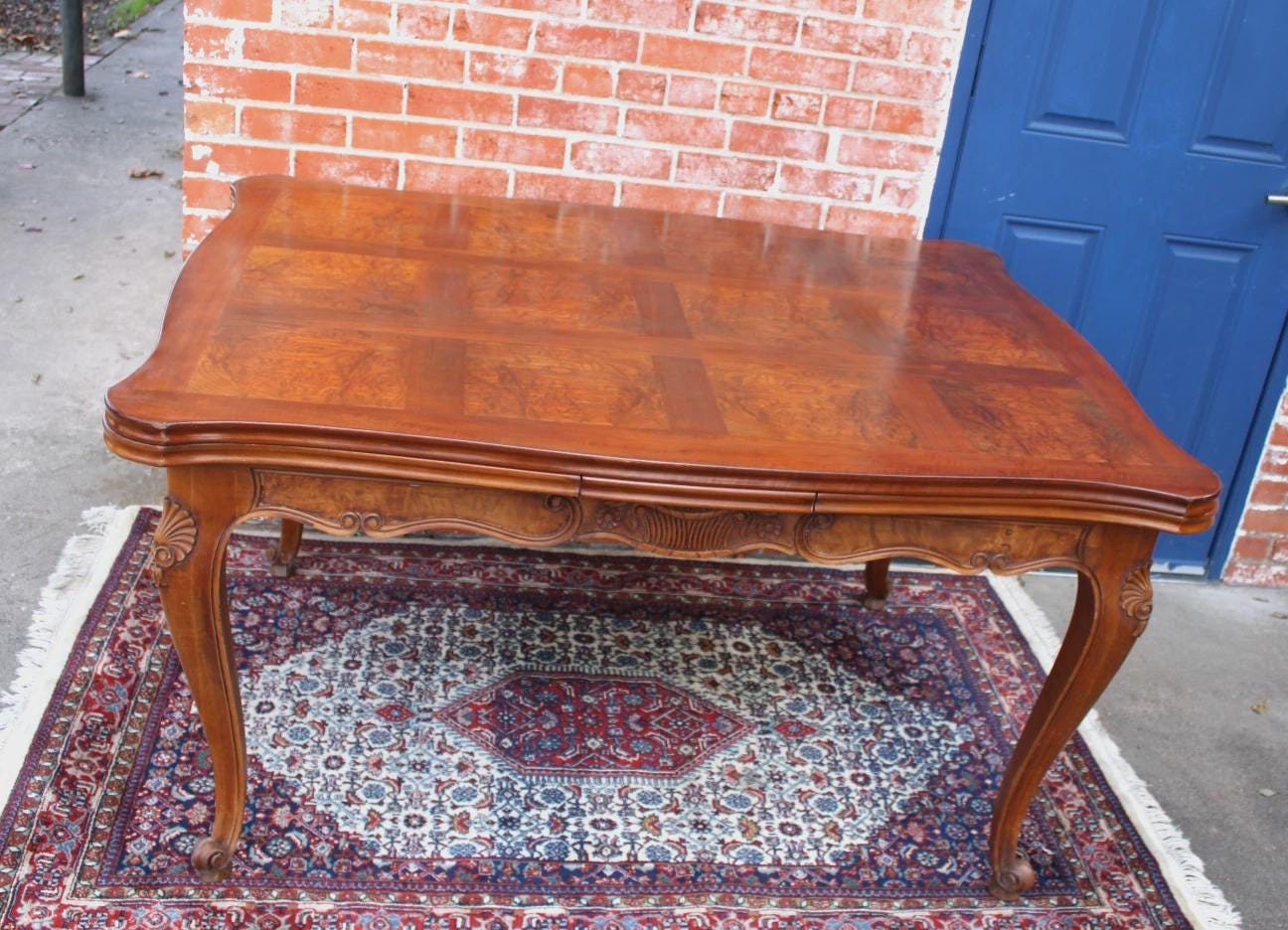 French Antique Louis XV Burled Walnut Dining Table | Carved Floral Apron