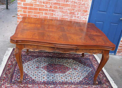 French Antique Louis XV Burled Walnut Dining Table | Carved Floral Apron