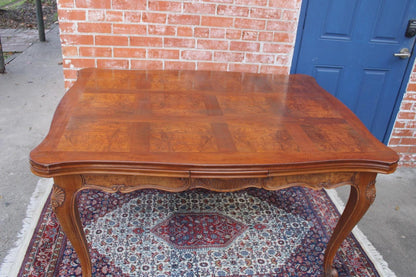 French Antique Louis XV Burled Walnut Dining Table | Carved Floral Apron