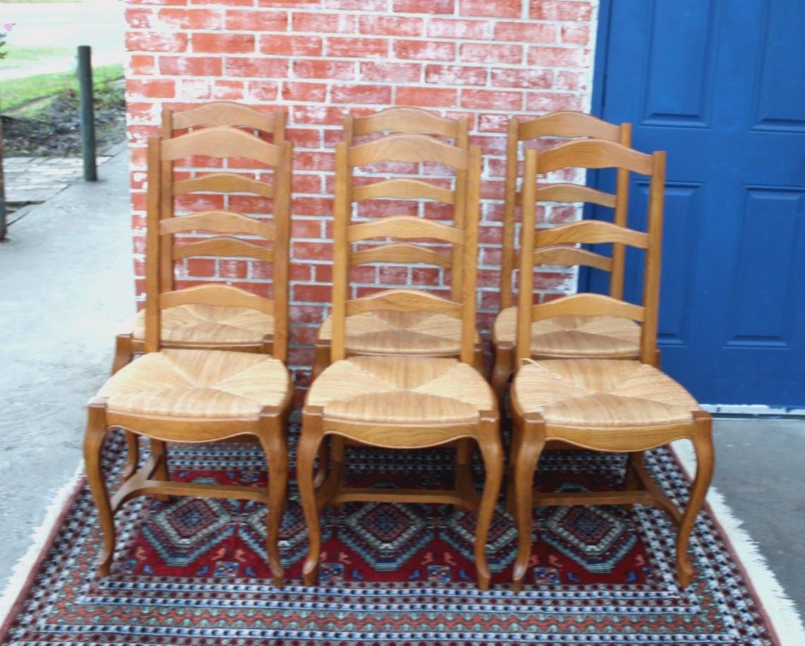 Set of 6 French Antique Oak Ladder Back Dining Chairs Rush Seats