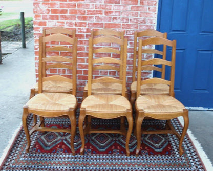Set of 6 French Antique Oak Ladder Back Dining Chairs Rush Seats