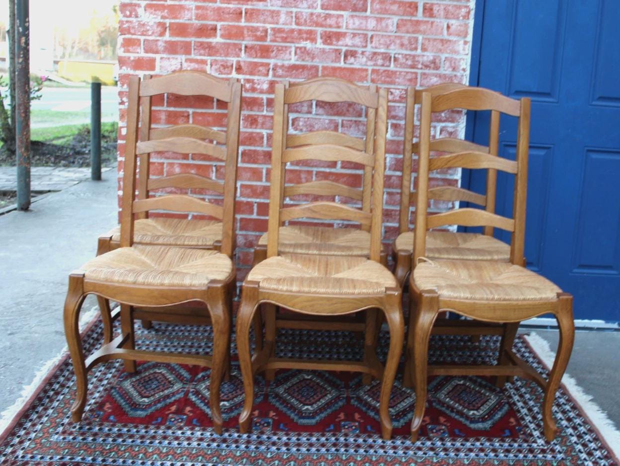 Set of 6 French Antique Oak Ladder Back Dining Chairs Rush Seats