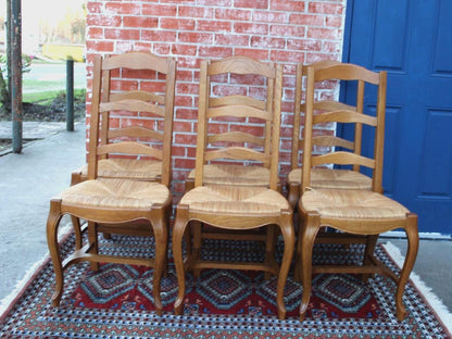 Set of 6 French Antique Oak Ladder Back Dining Chairs Rush Seats