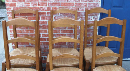 Set of 6 French Antique Oak Ladder Back Dining Chairs Rush Seats