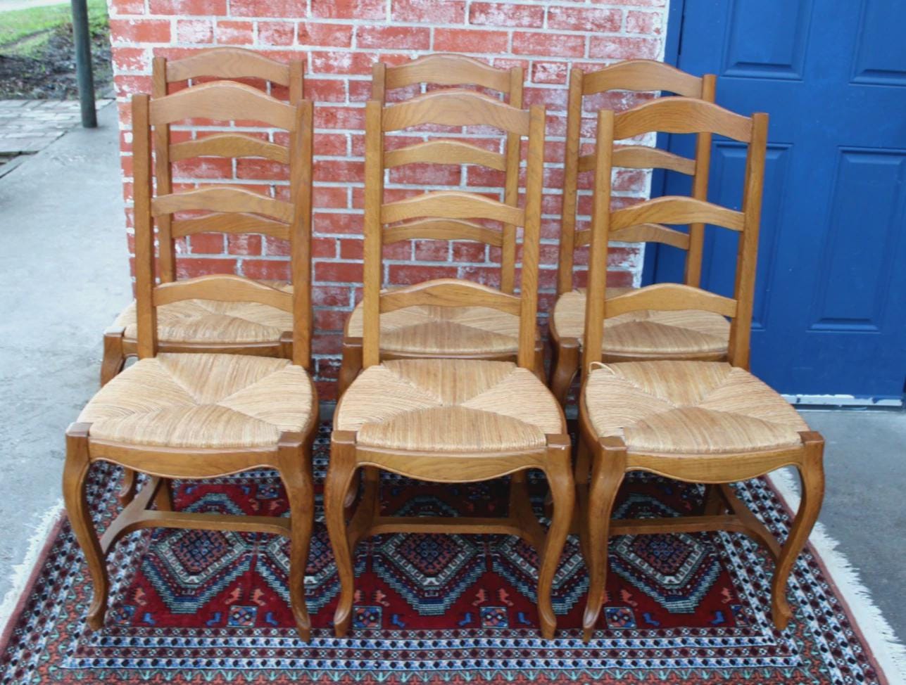 Set of 6 French Antique Oak Ladder Back Dining Chairs Rush Seats