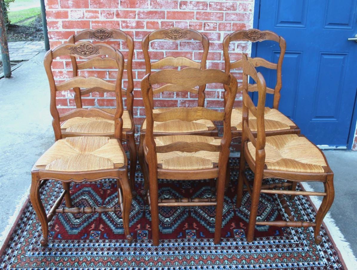 Set of 6 French Antique Louis XV Oak Dining Chairs Rush Seats