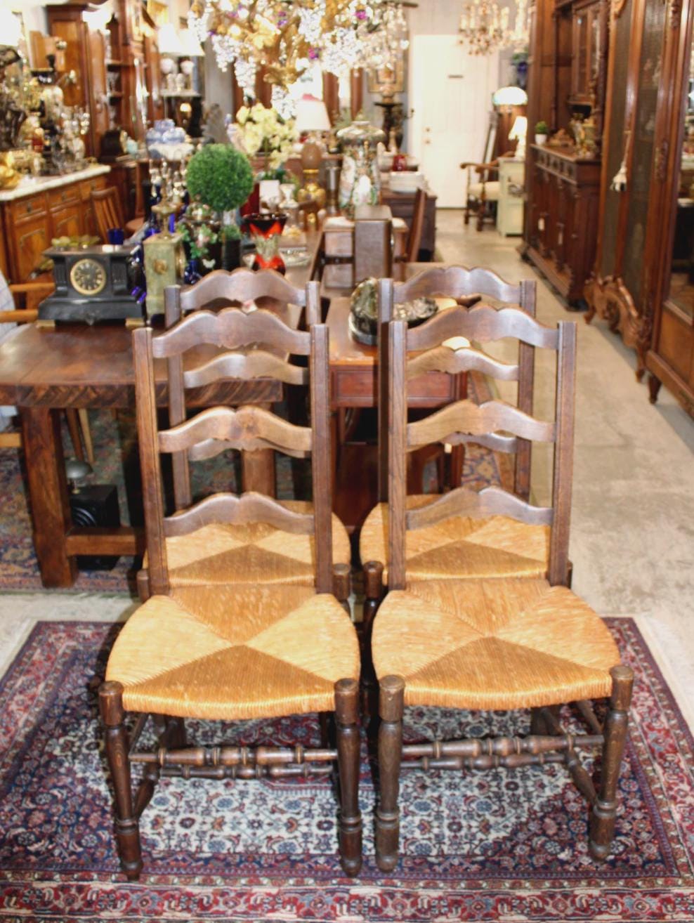 Set of 4 Country French Antique Oak Ladder Back Dining Chairs w/ Rush Seats