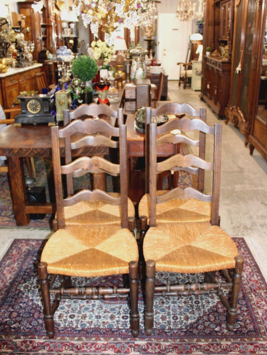 Set of 4 Country French Antique Oak Ladder Back Dining Chairs w/ Rush Seats