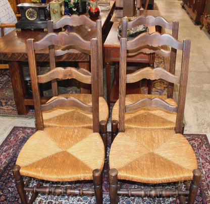Set of 4 Country French Antique Oak Ladder Back Dining Chairs w/ Rush Seats