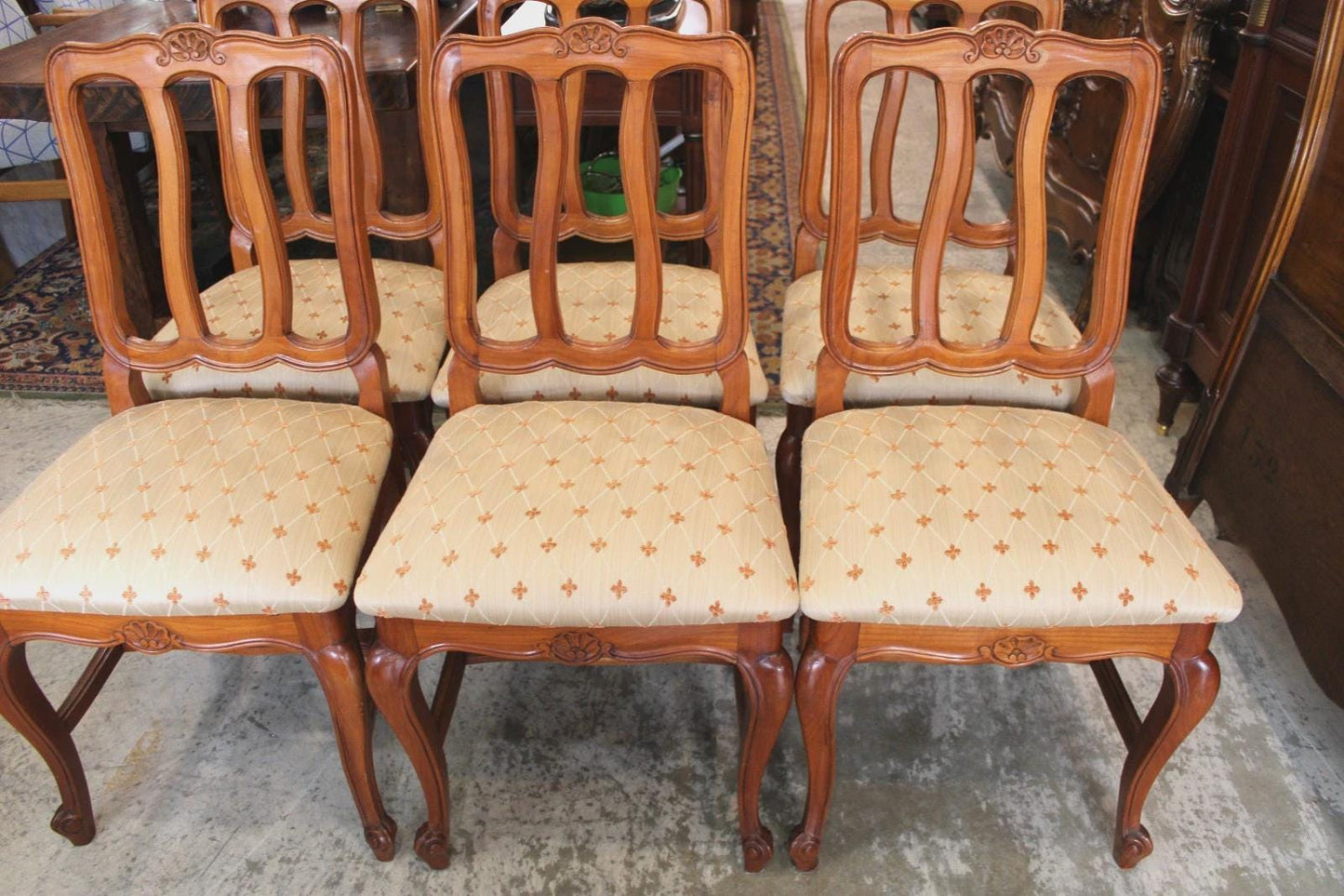 Set of 6 French Antique Louis XV Dining Chairs – Upholstered Seats, Carved Wood