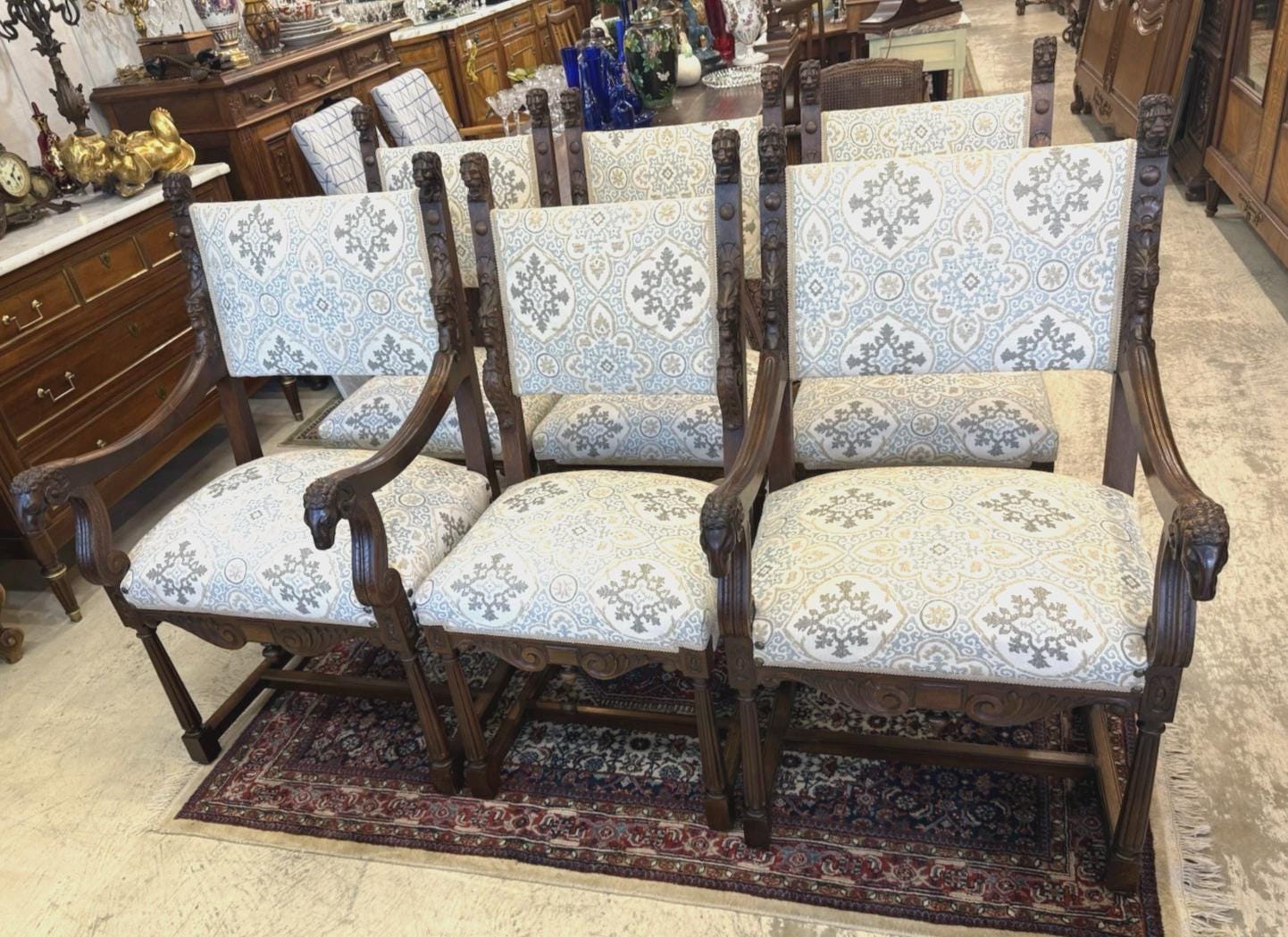 Set of 6 French Renaissance Dining Chairs | Newly Upholstered with Premium Fabric | Vintage Elegant Seating