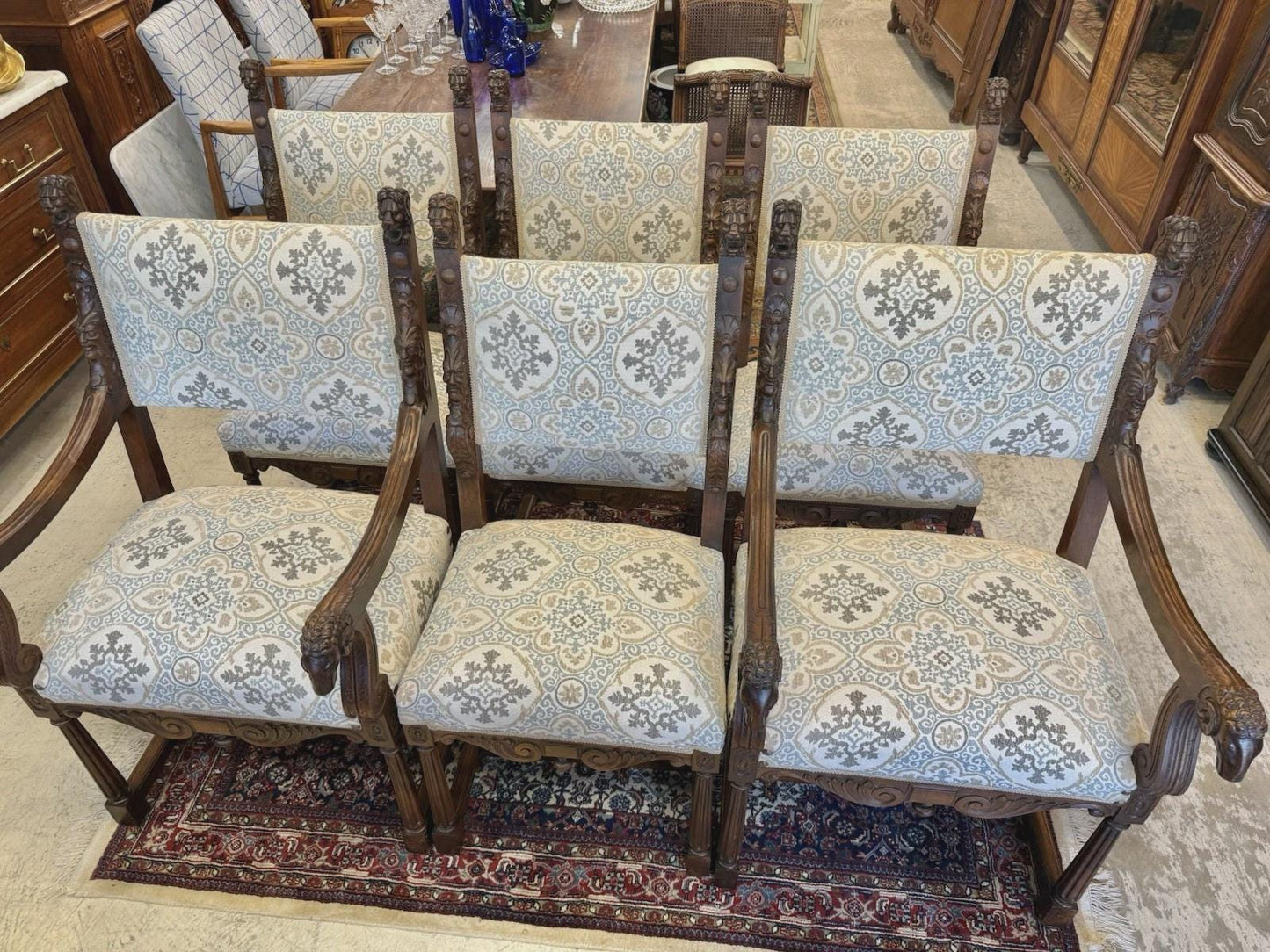 Set of 6 French Renaissance Dining Chairs | Newly Upholstered with Premium Fabric | Vintage Elegant Seating