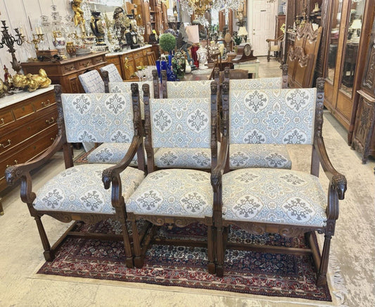 Set of 6 French Renaissance Dining Chairs | Newly Upholstered with Premium Fabric | Vintage Elegant Seating