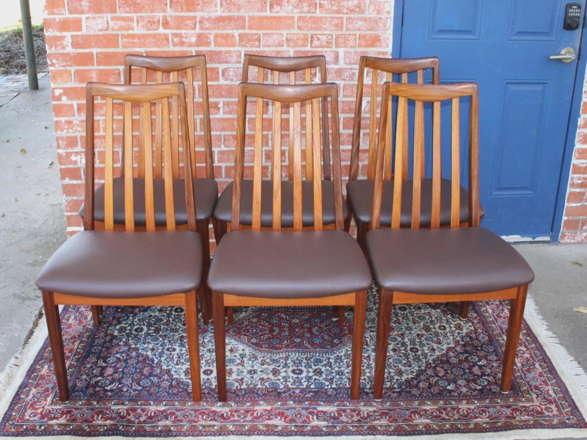 Set of 6 Mid Century G Plan Teak Dining Chairs | Brown Vinyl Upholstered | Vintage Retro Modern Seating