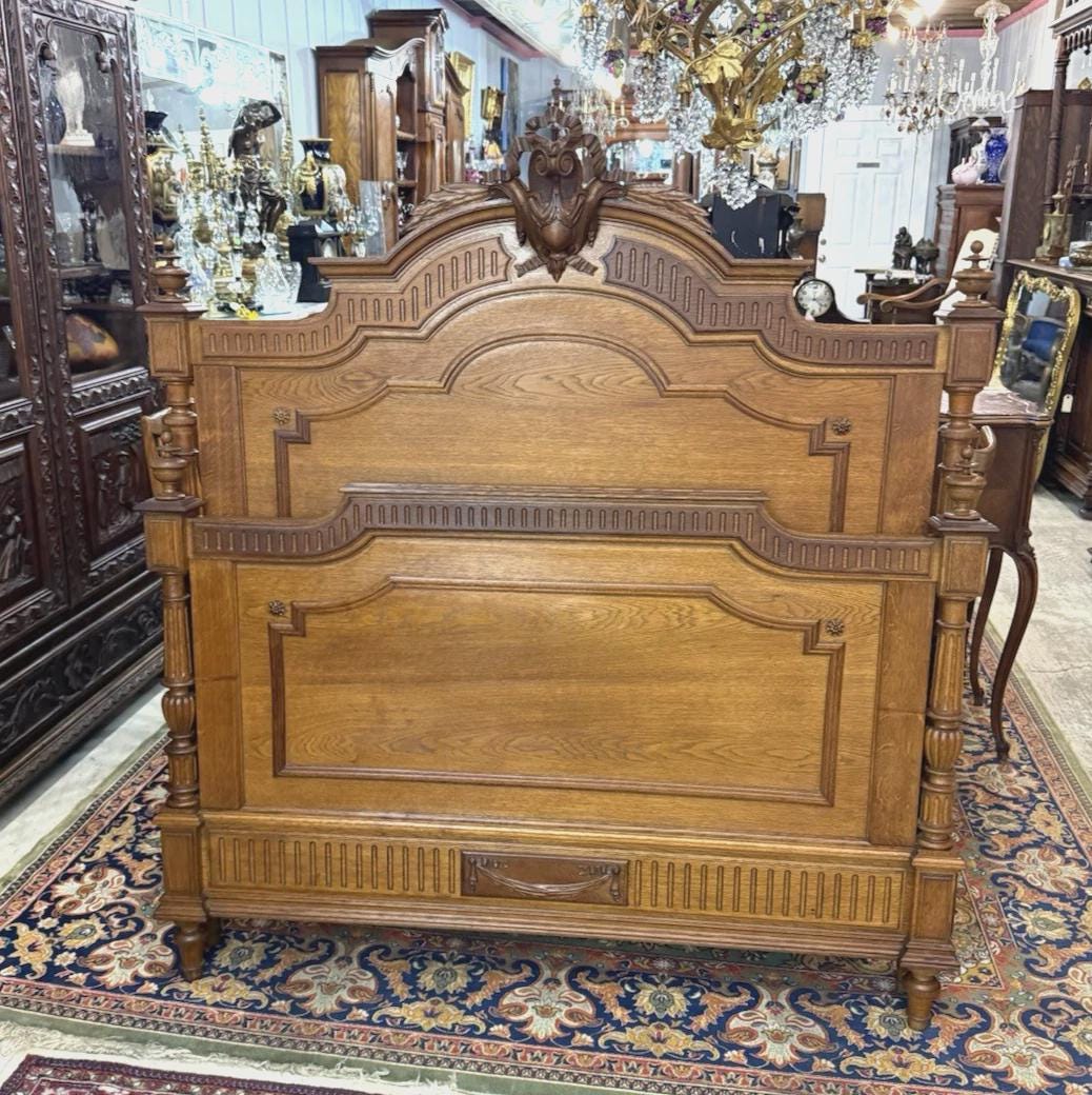 French Antique Carved Oak Henry II Full Size Bed | Ornate Rails & Slats | 19th Century Gothic Revival