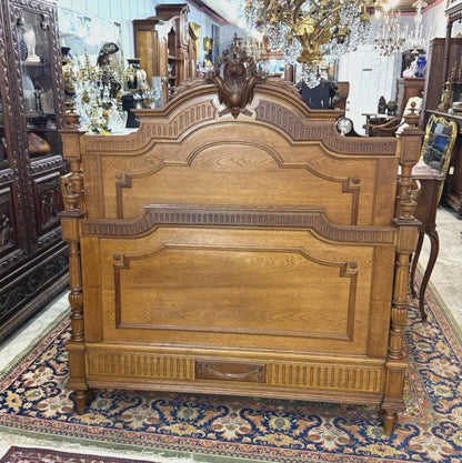 French Antique Carved Oak Henry II Full Size Bed | Ornate Rails & Slats | 19th Century Gothic Revival