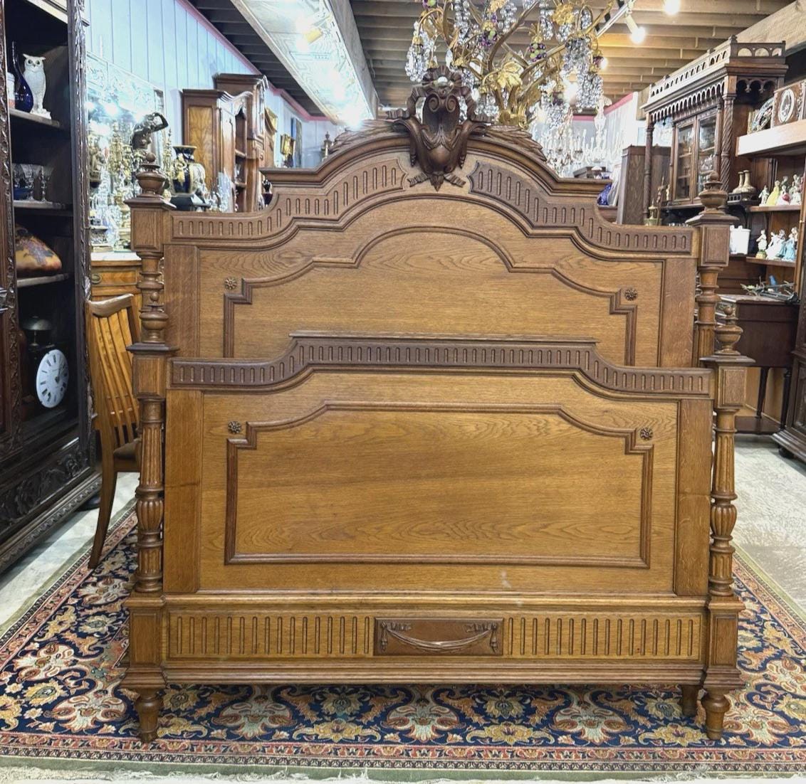 French Antique Carved Oak Henry II Full Size Bed | Ornate Rails & Slats | 19th Century Gothic Revival
