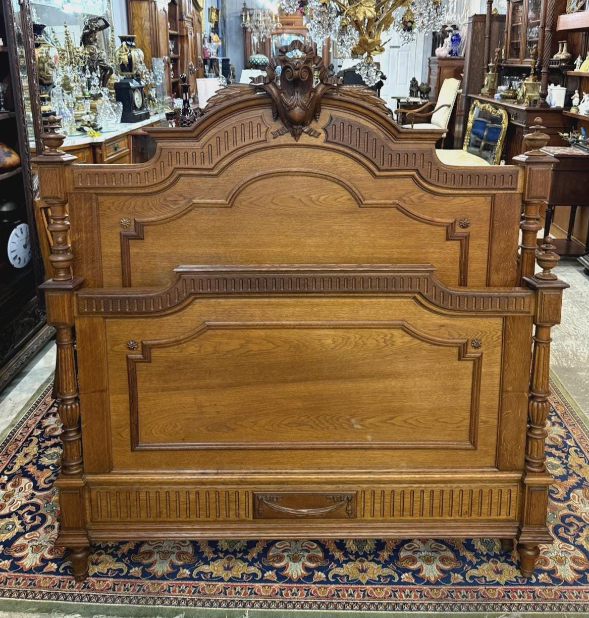 French Antique Carved Oak Henry II Full Size Bed | Ornate Rails & Slats | 19th Century Gothic Revival