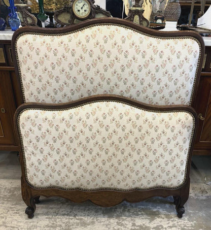 French Antique Louis XV Twin Size Bed | Dark Oak Upholstered Frame | Curved Headboard, Rails & Slats
