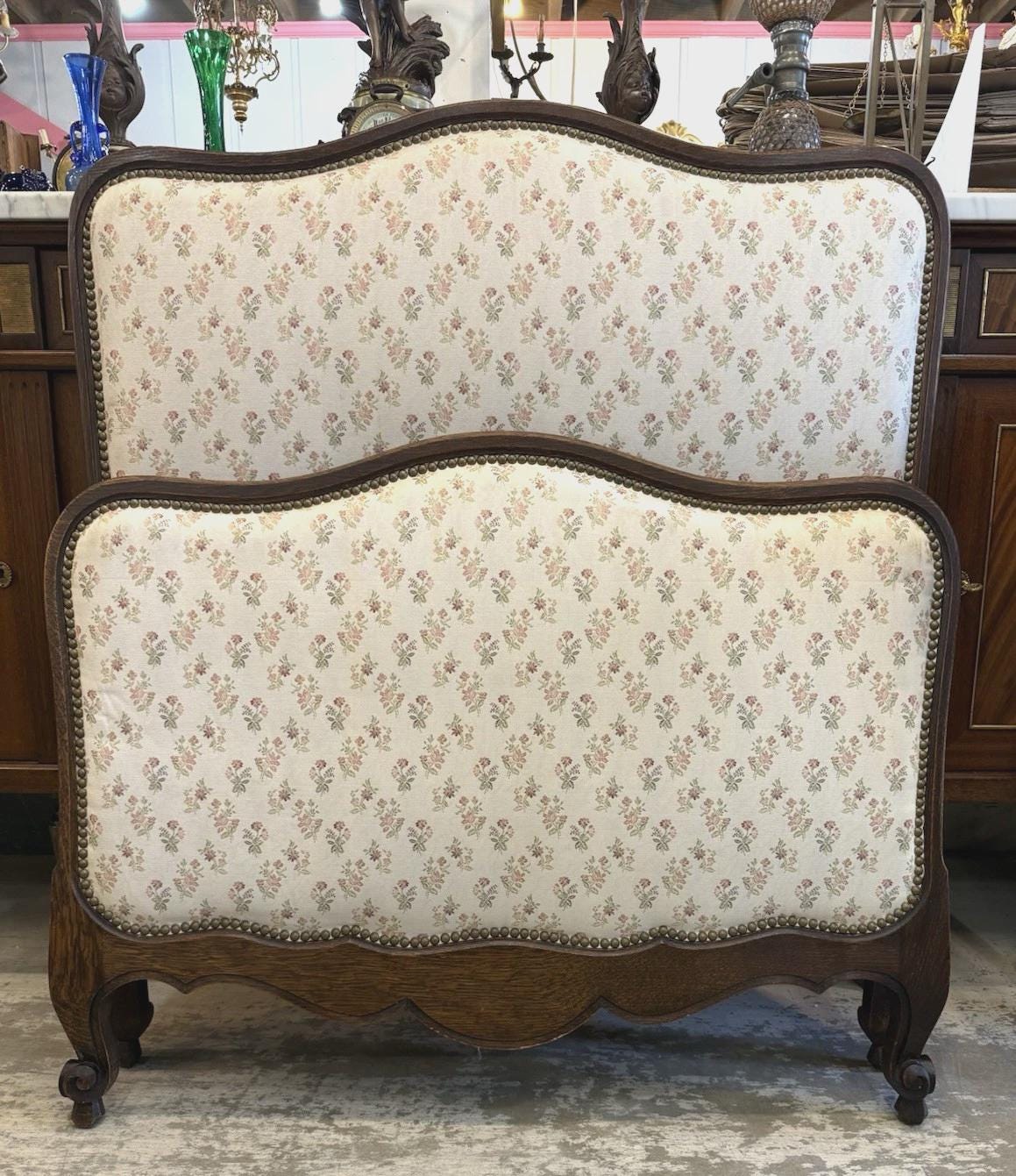 French Antique Louis XV Twin Size Bed | Dark Oak Upholstered Frame | Curved Headboard, Rails & Slats