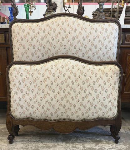 French Antique Louis XV Twin Size Bed | Dark Oak Upholstered Frame | Curved Headboard, Rails & Slats