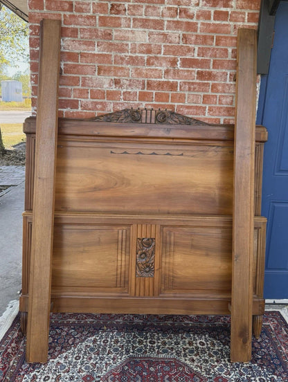 French Antique Art Deco Walnut Full Size Bed | Carved Headboard | Rails & Slats | 1920s–1930s