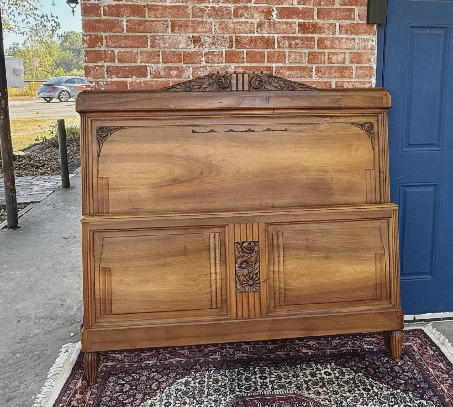 French Antique Art Deco Walnut Full Size Bed | Carved Headboard | Rails & Slats | 1920s–1930s