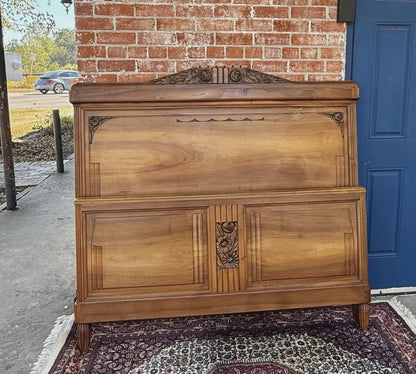 French Antique Art Deco Walnut Full Size Bed | Carved Headboard | Rails & Slats | 1920s–1930s