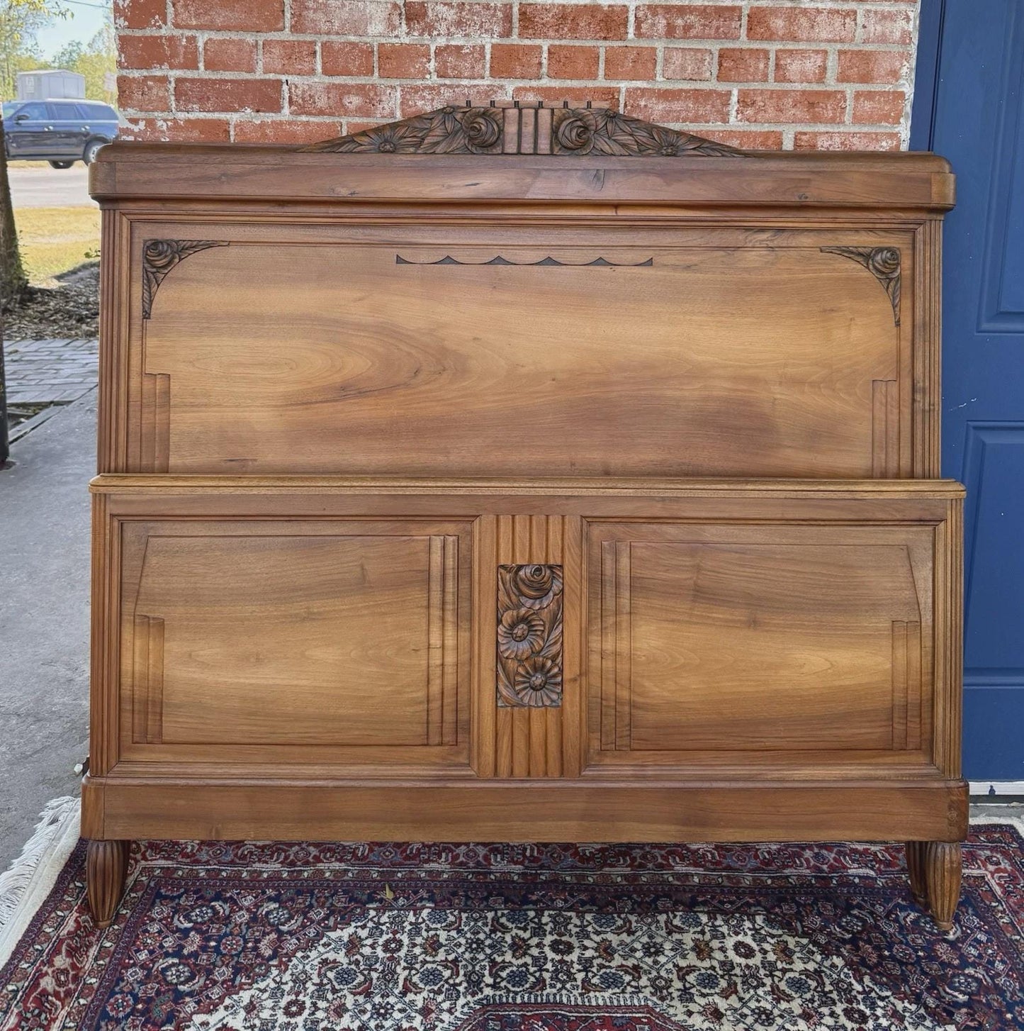 French Antique Art Deco Walnut Full Size Bed | Carved Headboard | Rails & Slats | 1920s–1930s