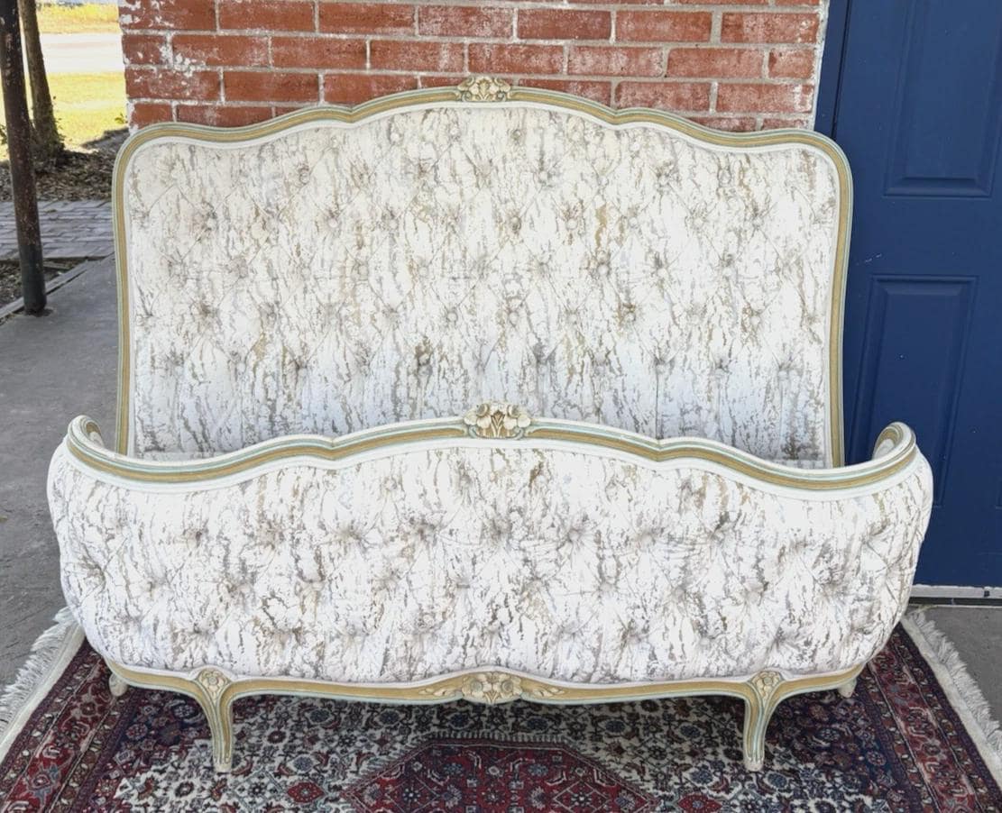 French Louis XV Full Size Bed | Painted Frame with New Tufted Upholstery | Rococo Style Vintage Bed