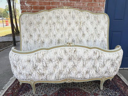 French Louis XV Full Size Bed | Painted Frame with New Tufted Upholstery | Rococo Style Vintage Bed