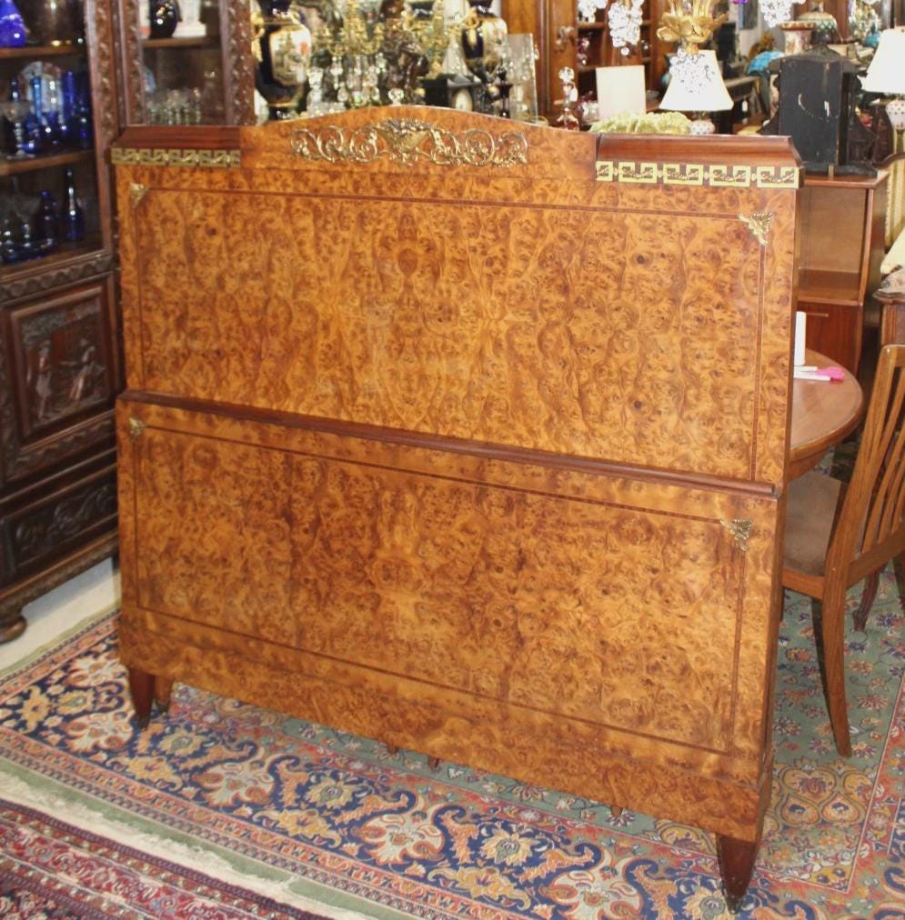 French Antique Louis XVI Burled Walnut Full Size Bed | Rails & Slats | Neoclassical Style