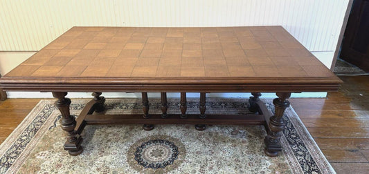 French Antique Oak Renaissance Parquetry Top Dining Table | c.1880