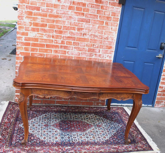 French Antique Louis XV Burled Walnut Dining Table | Carved Floral Apron