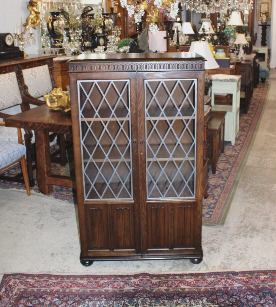 English Oak Leaded Glass Bookcase – Vintage Tudor Style Display Cabinet with Diamond Pane Doors