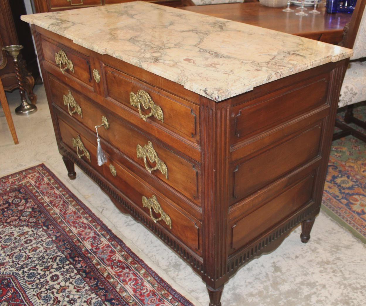 Antique French Louis XVI Mahogany Chest, 4 Drawer Marble Top Dresser, Neoclassical Commode, Sideboard Cabinet